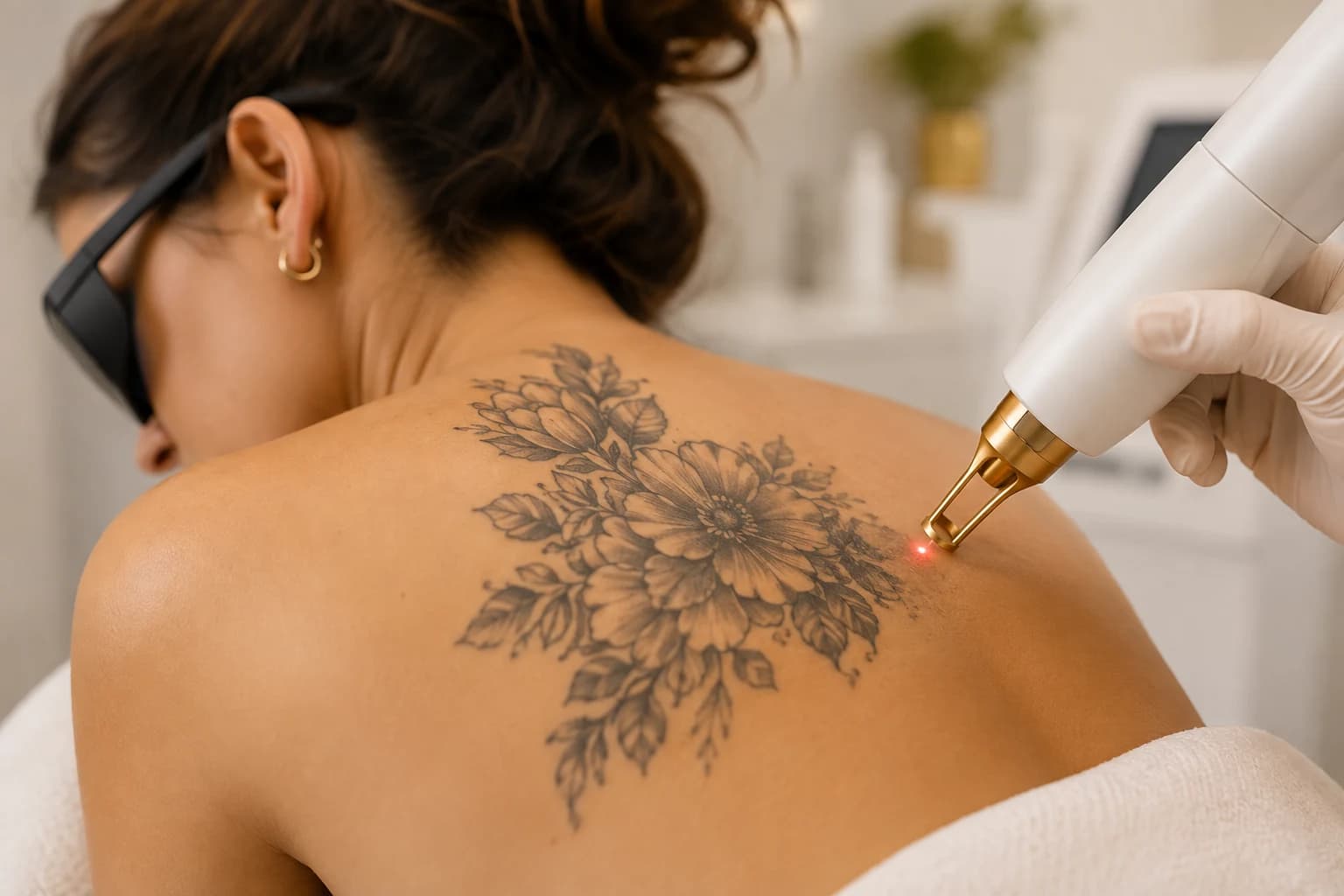 Illustrative photograph of laser tattoo removal on a shoulder
